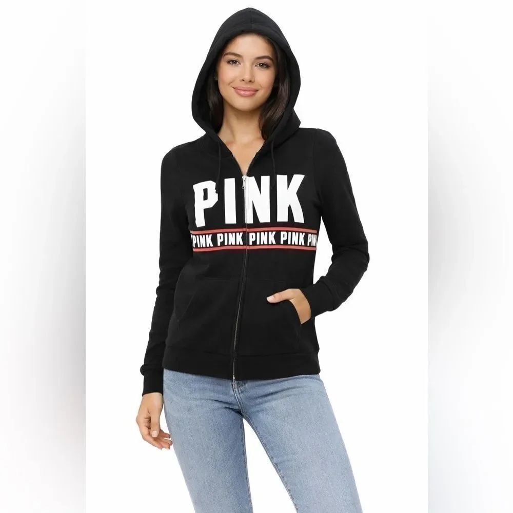 PINK Victoria’s Secret Women's Y2K Full Zip Up Hoodie Jacket Black Size XS